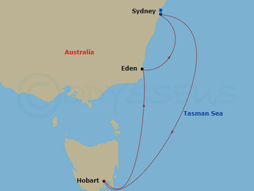 Disney Wonder - 5 Night - Disney Magic at Sea Cruise from Sydney - Disney Wonder - Starting in Sydney AU, Hobart, Eden, Sydney AU itinerary map