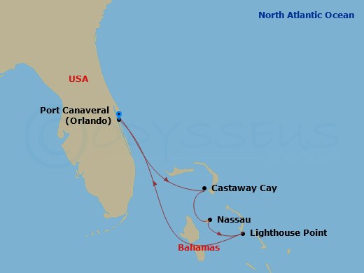 Disney Fantasy - 5 Night - Bahamian Cruise from Port Canaveral - Disney Fantasy - Starting in Port Canaveral, Castaway Cay, Nassau, Disney Lookout Cay, Port Canaveral itinerary map