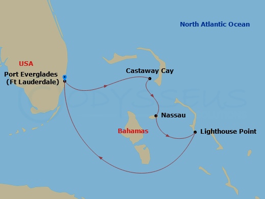 Disney Dream - 5 Night - Very Merrytime Bahamian Cruise from Fort Lauderdale - Disney Dream - Starting in Port Everglades, Castaway Cay, Nassau, Disney Lookout Cay, Port Eve.. itinerary map