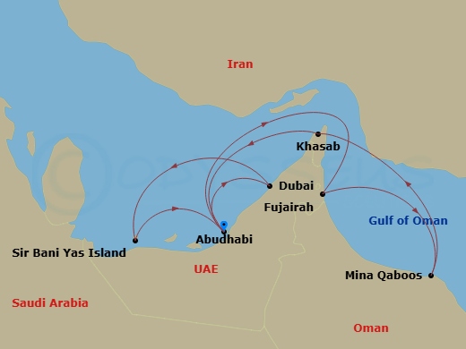 Celestyal Discovery - 7 Night - Iconic Arabia from Abu Dhabi - Celestyal Discovery - Starting in Abu Dhabi, Uae, Dubai, Uae, Sir Baniyas Island, UAE, Abu Dhabi, Uae, Doha, Qatar, R.. itinerary map
