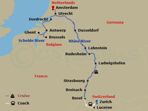AmaStella Cruise Tours - 18 Night - Grand Rhine & Dutch Canals with Zurich, Lake Lucerne, Switzerland Pre-Cruise - AmaStella Cruise Tours - Starting in Zurich, Lucerne, Basel, Breisac.. itinerary map