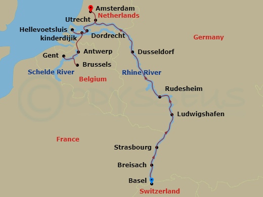 AmaStella - 14 Night - Grand Rhine & Dutch Canals - AmaStella - Starting in Basel, Breisach, Strasbourg, Ludwigshafen, Rhine Gorge, Rudesheim, Dusseldorf, Utrecht, Amster.. itinerary map