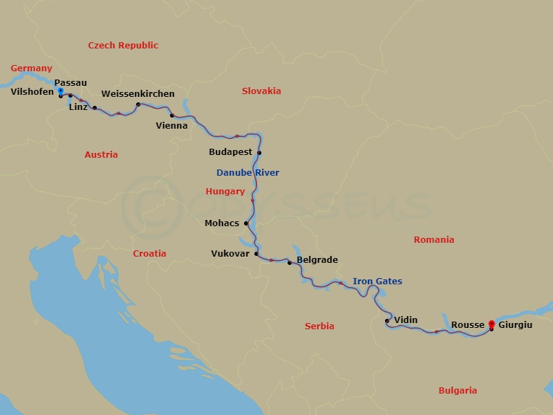 AmaBella - 14 Night - Grand Danube Cruise (Wine Cruise) - AmaBella - Starting in Vilshofen, Passau, Linz, Weissenkirchen, Vienna, Budapest, Mohacs, Vukovar, Belgrade, Ir.. itinerary map