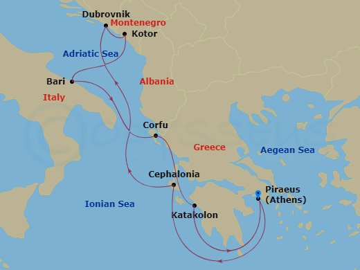 Celestyal Journey - 7 Night - Heavenly Greece, Italy and Croatia - Celestyal Journey - Starting in Piraeus, Athens, Cephalonia, Dubrovnik, Croatia, Kotor, Bari, Kerkira (Corfu),.. itinerary map