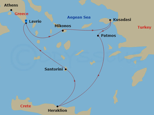 Celestyal Discovery - 3 Night - Iconic Greek Islands - Celestyal Discovery - Starting in Lavrion, Athens, Mykonos, Kusadasi, Patmos, Heraklion, Santorini, Lavrion, Athens itinerary map