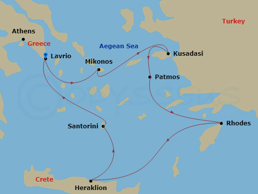 Celestyal Discovery - 4 Night - Iconic Greek Islands - Celestyal Discovery - Starting in Lavrion, Athens, Mykonos, Kusadasi, Patmos, Rhodes, Heraklion, Santorini, Lavrion, Athens itinerary map