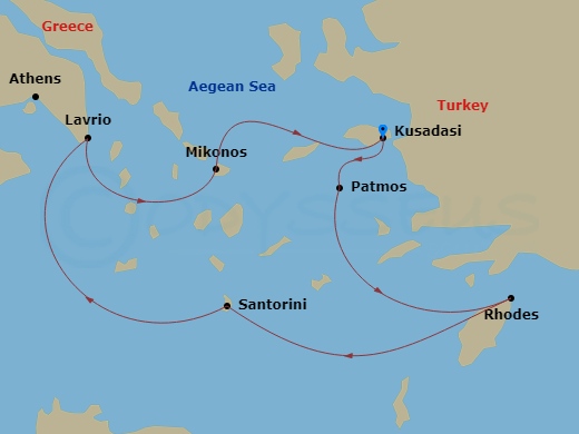 Celestyal Discovery - 4 Night - Iconic Greek Islands - (Mar & Nov) - Celestyal Discovery - Starting in Kusadasi, Patmos, Rhodes, Santorini, Lavrion, Athens, Mykonos, Kusadasi itinerary map