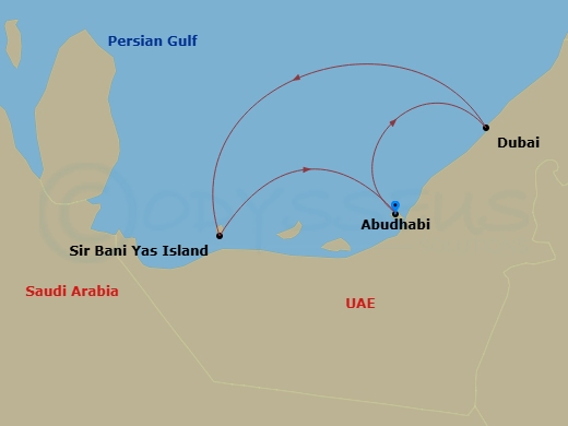 Celestyal Discovery - 3 Night - Iconic Arabia - Celestyal Discovery - Starting in Abu Dhabi, Uae, Dubai, Uae, Sir Baniyas Island, UAE, Abu Dhabi, Uae itinerary map
