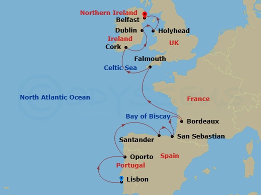 Silver Dawn - 12 Night - Lisbon to Belfast - Silver Dawn - Starting in Lisbon, Oporto (Leixoes), Santander, San Sebastian, Bordeaux, Falmouth, England, Cobh, Dublin (Dun La.. itinerary map