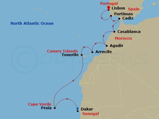 Silver Dawn - 12 Night - Dakar to Lisbon - Silver Dawn - Starting in Dakar, Praia, Santa Cruz de Tenerife, Arrecife, Canary Islands, Agadir, Casablanca, Cadiz, Portimao, Li.. itinerary map