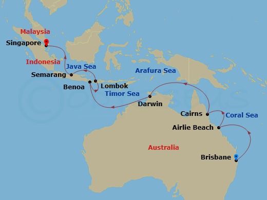 Silver Dawn - 18 Night - Brisbane to Singapore - Silver Dawn - Starting in Brisbane, Airlie Beach, Cairns, Darwin, Benoa, Bali, Lembar / Lombok, Semarang (Gateway for Borob.. itinerary map