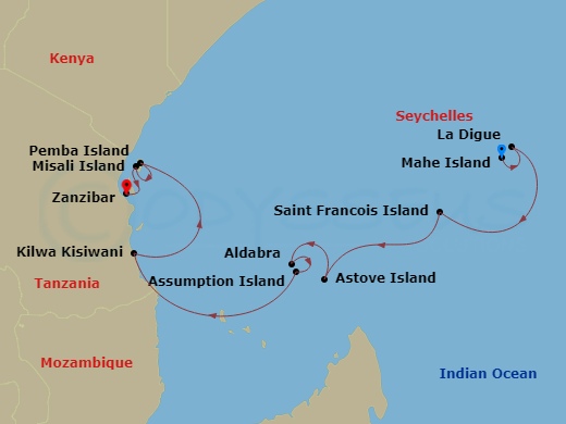 Le Bougainville - 12 Night - Zanzibar, Aldabra & the Treasures of the Indian Ocean - Le Bougainville - Starting in Victoria SC, Mahe, Seychelles, La Digue Island, Saint Francoi.. itinerary map