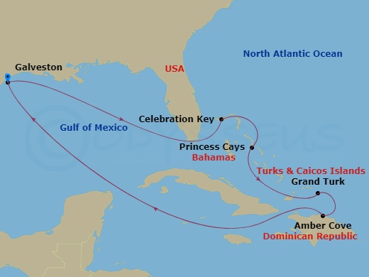 Carnival Legend - 10 Night - Eastern Caribbean - Carnival Legend - Starting in Galveston, Tx, Celebration Key, the Bahamas, Princess Cays, the Bahamas, Grand Turk, Amber Cove,.. itinerary map