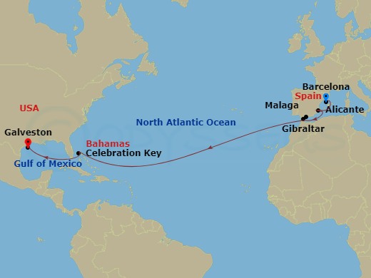 Carnival Dream - 15 Night - Journeys - Transatlantic - Carnival Dream - Starting in Barcelona, Spain, Alicante, Spain, Malaga, Spain, Gibraltar, Celebration Key, the Bahamas,.. itinerary map