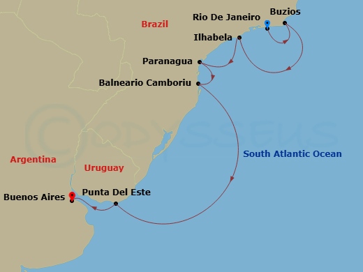 Silver Whisper - 12 Night - Rio De Janeiro to Buenos Aires - Silver Whisper - Starting in Rio De Janeiro, Buzios, Brazil, Ilhabela, Brazil, Paranagua, Balneario Camboriu, Punt.. itinerary map