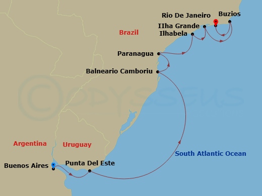 Silver Whisper - 12 Night - Buenos Aires to Rio De Janeiro - Silver Whisper - Starting in Buenos Aires, Punta Del Este, Balneario Camboriu, Paranagua, Ilhabela, Brazil, Ilha G.. itinerary map