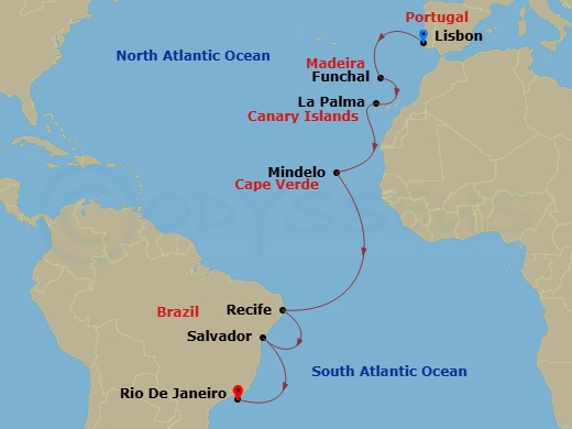 Silver Whisper - 18 Night - Lisbon to Rio De Janeiro - Silver Whisper - Starting in Lisbon, Funchal, Madeira, Santa Cruz de La Palma, Mindelo, Recife, Salvador De Bahia, Rio D.. itinerary map