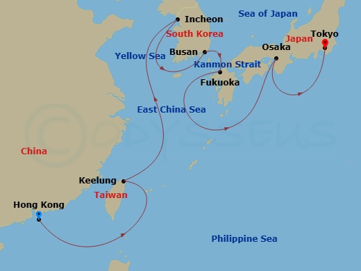 Silver Nova - 14 Night - Hong Kong to Tokyo - Silver Nova - Starting in Hong Kong, Keelung, Taiwan, Incheon (Seoul), Busan, Fukuoka (Kyushu Island), Kanmon Straits Passage,.. itinerary map
