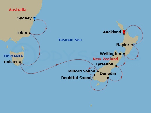 Silver Nova - 13 Night - Sydney to Auckland - Silver Nova - Starting in Sydney AU, Eden, Hobart, Tasmania, Cruising Milford Sound, Cruising Doubtful Sound, Dunedin (Port Ch.. itinerary map