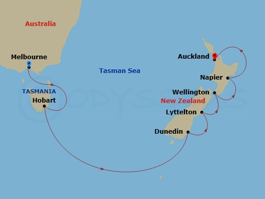 Silver Nova - 12 Night - Melbourne to Auckland - Silver Nova - Starting in Melbourne, Hobart, Tasmania, Dunedin (Port Chalmers), Lyttelton (Christchurch), Wellington, Napie.. itinerary map