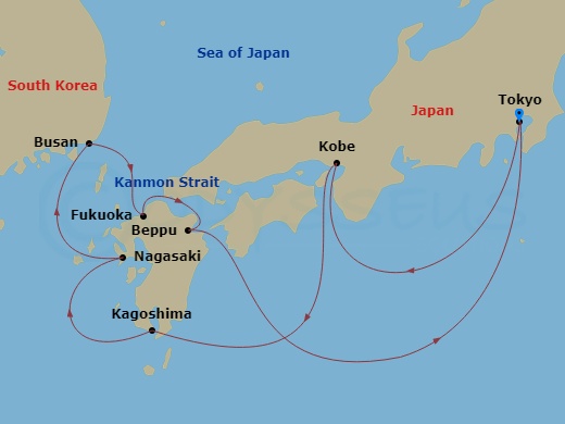 Silver Moon - 10 Night - Tokyo to Tokyo - Silver Moon - Starting in Tokyo, Kobe, Kagoshima (Kyushu Island), Nagasaki, Busan, Fukuoka (Kyushu Island), Kanmon Straits Passage.. itinerary map