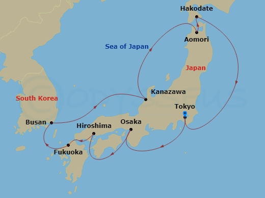 Silver Moon - 14 Night - Tokyo to Tokyo - Silver Moon - Starting in Tokyo, Osaka, Hiroshima, Kanmon Straits Passage, Fukuoka (Kyushu Island), Busan, Kanazawa, Aomori, Hakod.. itinerary map