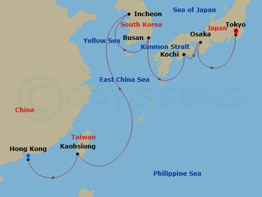 Silver Moon - 14 Night - Hong Kong to Tokyo - Silver Moon - Starting in Hong Kong, Kaohsiung, Taiwan, Incheon (Seoul), Busan, Kanmon Straits Passage, Kochi, Osaka, Tokyo itinerary map
