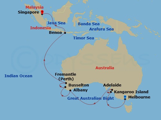 Silver Moon - 19 Night - Melbourne to Singapore - Silver Moon - Starting in Melbourne, Kangaroo Island, Adelaide, Albany AU, Australia, Busselton, Fremantle (Perth), Wester.. itinerary map
