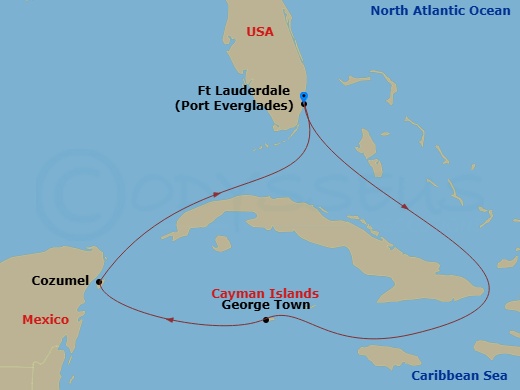 RCL Radiance of the Seas - 6 Night - Western Caribbean Cruise - RCL Radiance of the Seas - Starting in Fort Lauderdale, Florida, George Town, Grand Cayman, Cozumel, Mexico, Fort Lauderd.. itinerary map