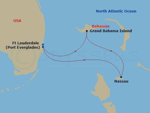 RCL Radiance of the Seas - 4 Night - Bahamas Getaway Holiday - RCL Radiance of the Seas - Starting in Fort Lauderdale, Florida, Nassau, Bahamas, Grand Bahama Island, Bahamas, Fort Laude.. itinerary map