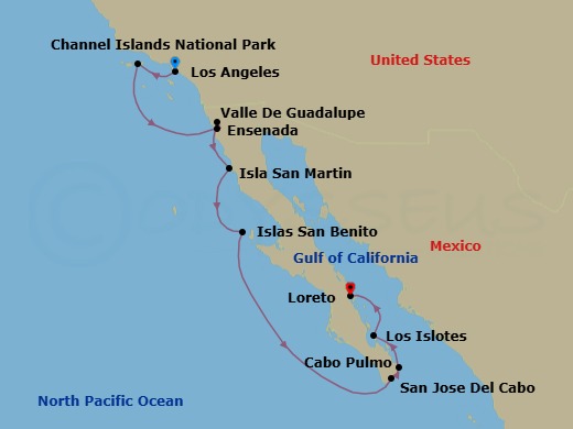 12 Night - Channel Islands National Park to Baja California - National Geographic Venture - Starting in Los Angeles, California / Embark Ship, Channel Islands National Park, Ensenada, Mexico / Valle De Guadalupe, Isla San Martin, Isla San Benito Oeste / At Sea, Bahia Magdalena, San Jose del Cabo / Gordo Banks, Cabo Pulmo / Los Islotes / Gulf of California, Loreto / Disembark Ship itinerary map