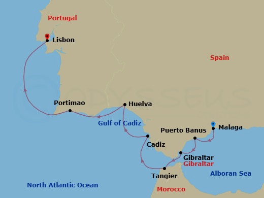 7 Night - Western Mediterranean Explorer Cruise - SeaDream II - Starting in Malaga, Puerto Banus, Gibraltar, Tangier, Cadiz, Huelva, Portimao, Algarve, Lisbon itinerary map