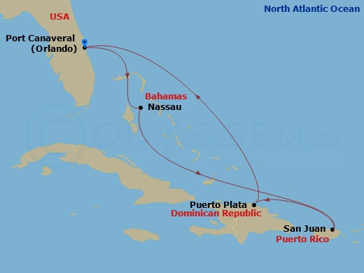 MSC Grandiosa - 7 Night - Caribbean and Antilles - MSC Grandiosa - Starting in Port Canaveral (Orlando), Florida, Nassau, Bahamas, San Juan Porto Rico, Puerto Plata, Dominica.. itinerary map