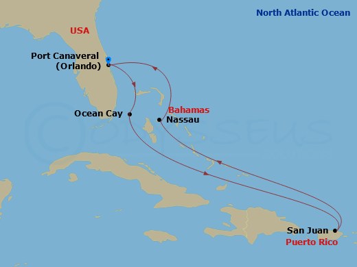 MSC Grandiosa - 7 Night - Caribbean and Antilles - MSC Grandiosa - Starting in Port Canaveral (Orlando), Florida, Ocean Cay Msc Marine Reserve, Bahamas, San Juan, Puerto Rico.. itinerary map