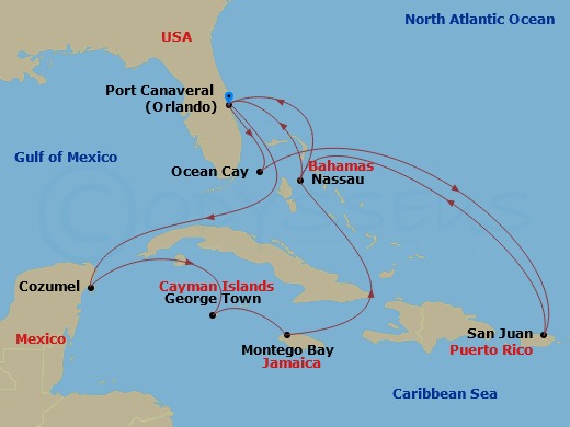 MSC Grandiosa - 14 Night - Caribbean and Antilles - MSC Grandiosa - Starting in Port Canaveral (Orlando), Florida, Cozumel, Mexico, George Town, Cayman Islands, Montego Bay,.. itinerary map