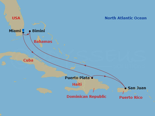 Resilient Lady - 7 Night - San Juan Sunrises & Dominican Dreams - Resilient Lady - Starting in Miami, Puerto Plata, Dominican Republic, San Juan, Puerto Rico, The Beach Club a.. itinerary map
