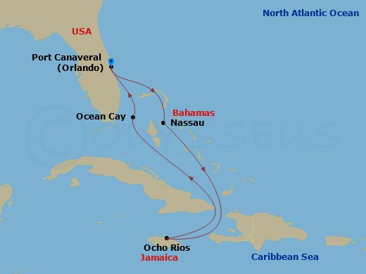 MSC Seashore - 7 Night - Caribbean and Antilles - MSC Seashore - Starting in Port Canaveral (Orlando), Florida, Nassau, Bahamas, Ocho Rios, Jamaica, Ocean Cay Msc Marine Res.. itinerary map