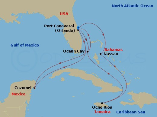 MSC Seashore - 12 Night - Caribbean and Antilles - MSC Seashore - Starting in Port Canaveral (Orlando), Florida, Nassau, Bahamas, Ocho Rios, Jamaica, Ocean Cay Msc Marine Re.. itinerary map