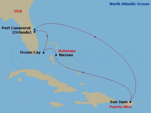 MSC Seashore - 7 Night - Caribbean and Antilles - MSC Seashore - Starting in Port Canaveral (Orlando), Florida, San Juan, Puerto Rico, Nassau, Bahamas, Ocean Cay Msc Marine.. itinerary map