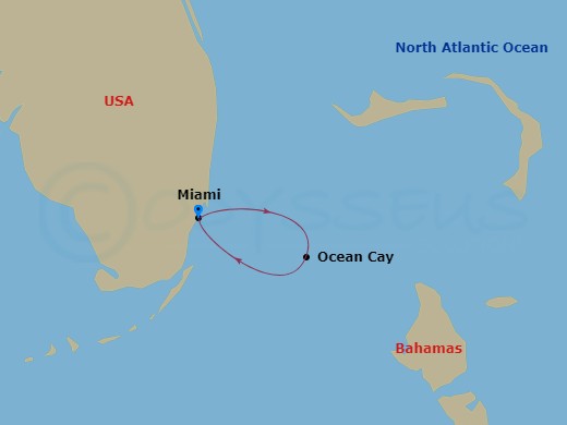 MSC Seaside - 3 Night - Caribbean and Antilles - MSC Seaside - Starting in Miami, Florida, Ocean Cay Msc Marine Reserve, Bahamas, Miami, Florida itinerary map