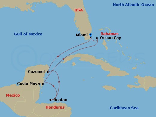 MSC Seaside - 10 Night - Caribbean and Antilles - MSC Seaside - Starting in Miami, Florida, Cozumel, Mexico, Isla De Roatan, Honduras, Costa Maya, Mexico, Ocean Cay Msc Mar.. itinerary map