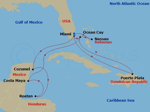 MSC Seaside - 14 Night - Caribbean and Antilles - MSC Seaside - Starting in Miami, Florida, Nassau, Bahamas, Ocean Cay Msc Marine Reserve, Bahamas, Puerto Plata, Dominican.. itinerary map