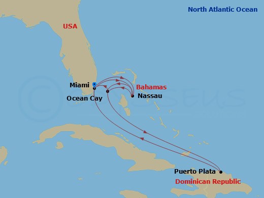 MSC Seaside - 11 Night - Caribbean and Antilles - MSC Seaside - Starting in Miami, Florida, Nassau, Bahamas, Ocean Cay Msc Marine Reserve, Bahamas, Miami, Florida, Nassau,.. itinerary map