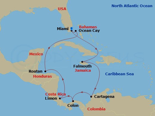 MSC Divina - 11 Night - Caribbean and Antilles - MSC Divina - Starting in Miami, Florida, Falmouth, Jamaica, Cartagena CO, Colon, Panama, Puerto Limon, Costa Rica, Isla De.. itinerary map