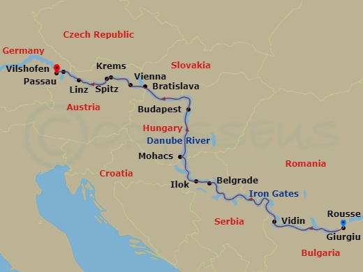 AmaMagna - 14 Night - Grand Danube Cruise - AmaMagna - Starting in Giurgiu, Rousse, Vidin, Iron Gates, Belgrade, Ilok, Vukovar, Mohacs, Budapest, Bratislava, Vienna, Kre.. itinerary map
