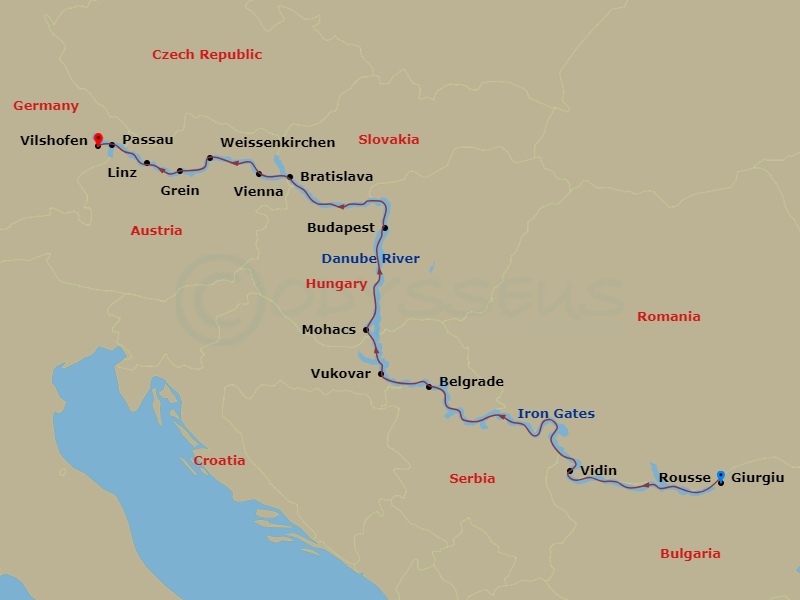 AmaVerde - 14 Night - Grand Danube Cruise - AmaVerde - Starting in Giurgiu, Rousse, Vidin, Iron Gates, Belgrade, Vukovar, Mohacs, Budapest, Bratislava, Vienna, Weissenki.. itinerary map