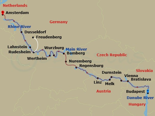 AmaStella Cruise Tours - 16 Night - Magnificent Europe with Budapest Pre-Cruise - AmaStella Cruise Tours - Starting in Budapest, Bratislava, Vienna, Durnstein, Melk, Linz, Regensburg,.. itinerary map