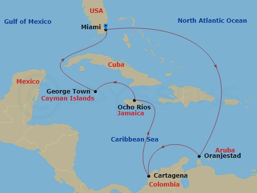 Brilliant Lady - 11 Night - Aruban Sunsets & Calm Cayman Days - Brilliant Lady - Starting in Miami, Oranjestad, Aruba, Cartagena CO, Ocho Rios, Jamaica, George Town, Cayman Is.. itinerary map