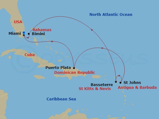 Brilliant Lady - 9 Night - Red Hot Sailing Club Voyage - Brilliant Lady - Starting in Miami, Puerto Plata, Dominican Republic, St Johns AG, Antigua and Barbuda, Basseterre, Sa.. itinerary map