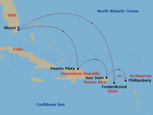 Brilliant Lady - 8 Night - Brilliant Valentine's Voyage - Brilliant Lady - Starting in Miami, Florida, Puerto Plata, Dominican Republic, San Juan, Puerto Rico, Philipsburg, Si.. itinerary map